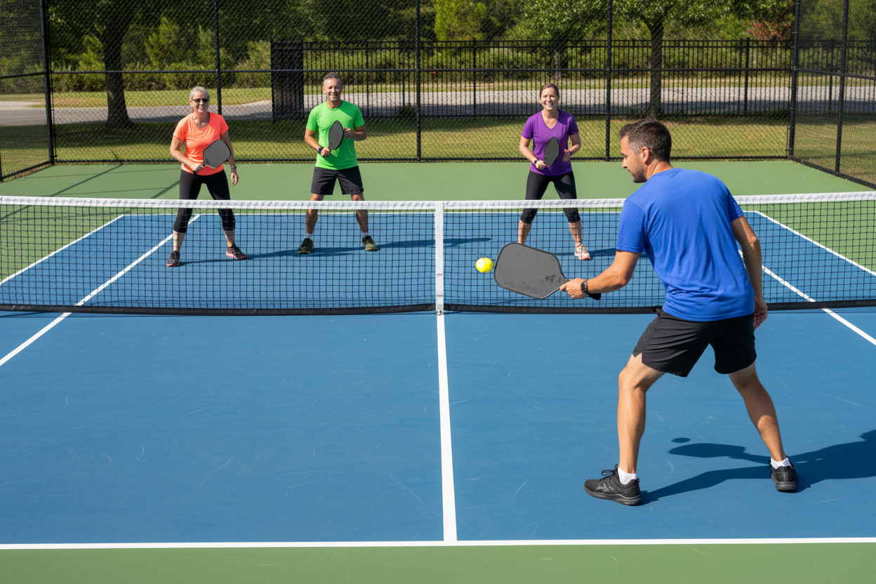 Erstes Pickleball-Match Anfänger spielen Doppel auf Court freundliche Atmosphäre
