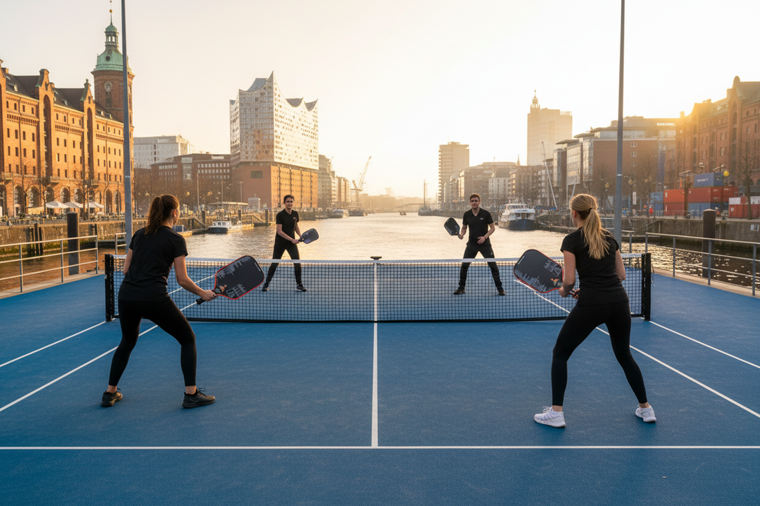 Hamburg Elbphilharmonie und Hafen mit Pickleball Court und MyCityPB The Governor Hamburg Edition