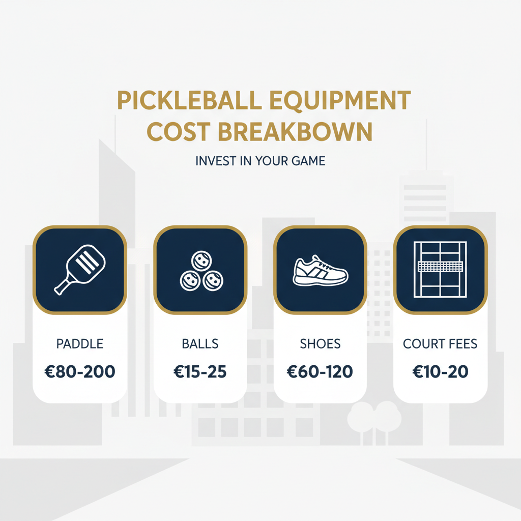 Pickleball Equipment Kosten Übersicht: Paddle 80-200€, Bälle 15-25€, Schuhe 60-120€, Court Fees 10-20€
