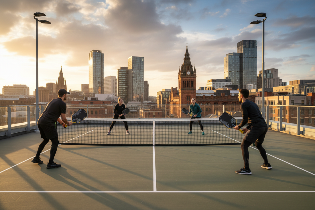 Manchester Skyline mit industrieller Architektur und Pickleball Court mit MyCityPB The Governor Manchester Edition