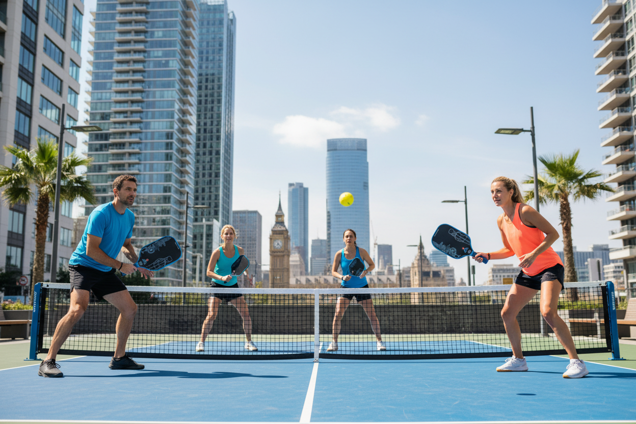 Pickleball Spieler mit MyCityPB The Governor Paddles auf urbanem Court - Der Trendsport in Europa