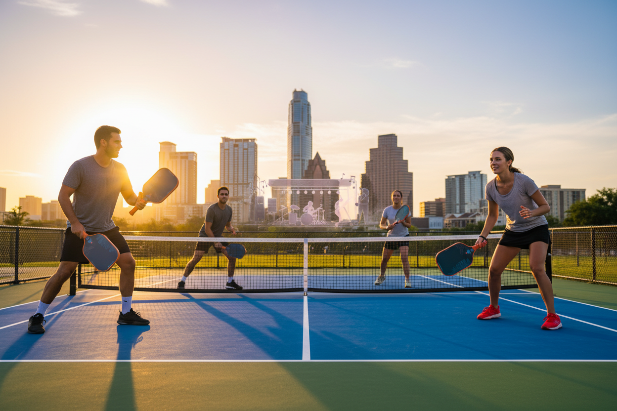 Pickleball in Austin Texas Courts Community Spieler mit MyCityPB Paddle Skyline