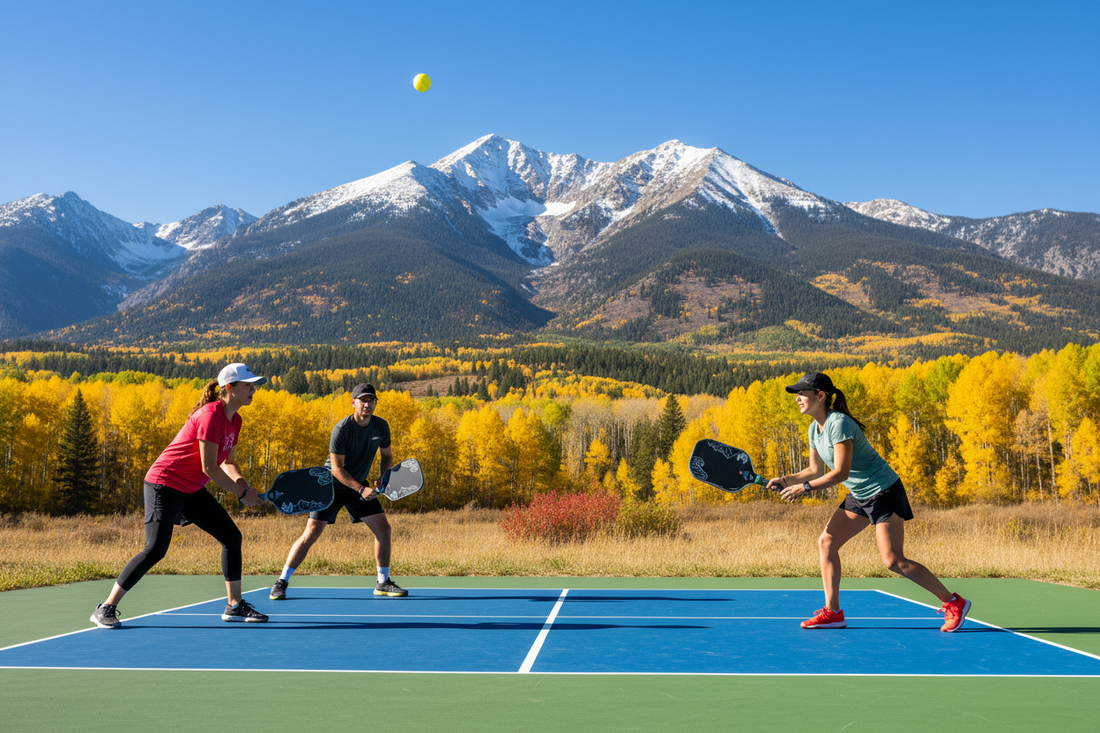 Pickleball in Colorado Rocky Mountains Courts Community Spieler mit MyCityPB Colorado Paddle Bergkulisse