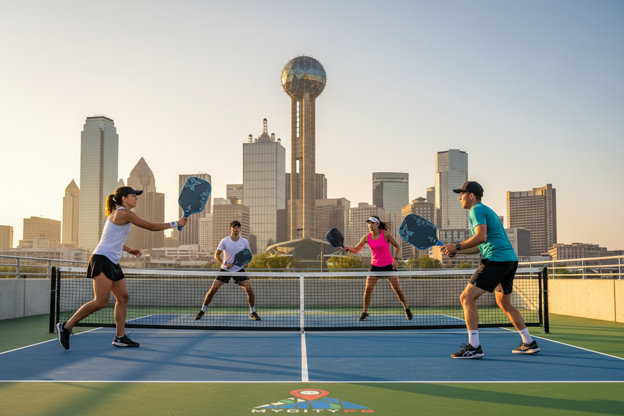 Pickleball in Dallas Texas Courts Community Spieler mit MyCityPB Dallas Paddle Skyline