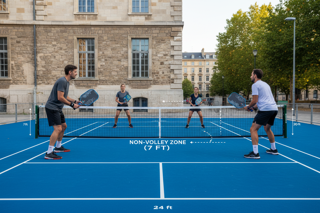 Pickleball Court mit Kitchen-Zone und MyCityPB The Governor Paddles - Regeln visuell erklärt