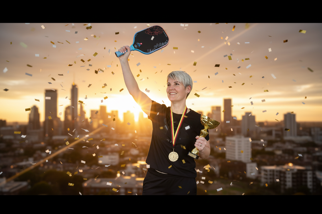 Janina, Deutsche Meisterin im Pickleball 2025, feiert ihren Sieg mit The Governor Paddle und Goldmedaille vor urbaner Skyline bei Sonnenuntergang mit goldenem Konfetti
