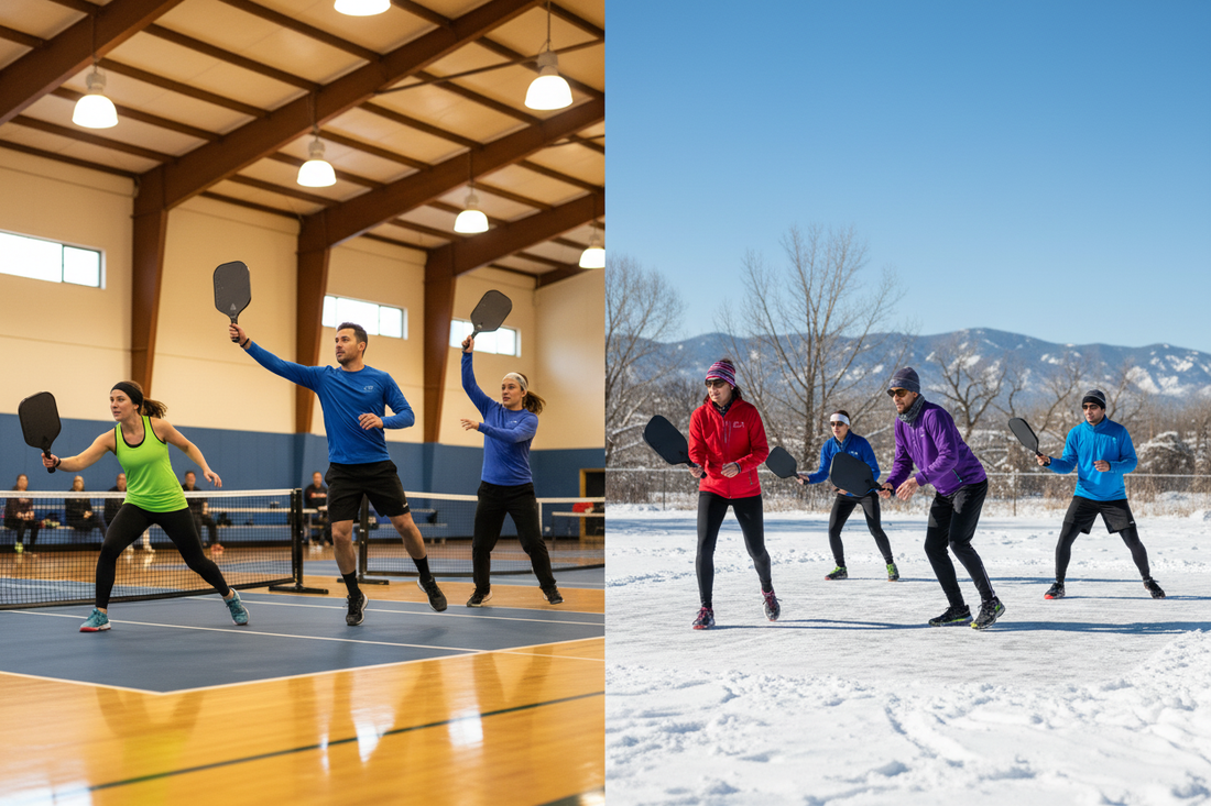 Winter Pickleball Indoor vs Outdoor Vergleich - Spieler in Halle und auf winterlichem Court